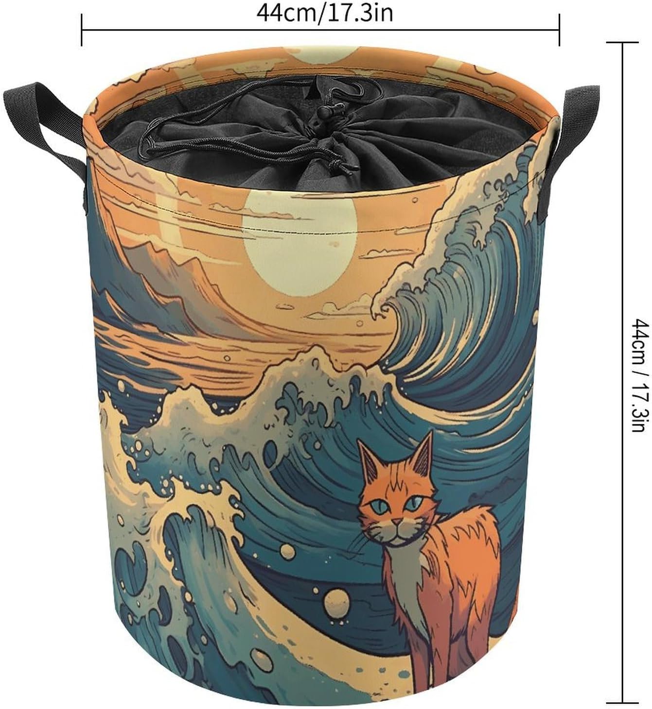 Anime Style Cat Laundry Bag Round Laundry Basket Collapsible Hamper with Handles Drawstring Closure Waterproof Storage Basket Dirty Clothes Organizer for Bedroom Bathroom Dorm 17" X 17" image 2