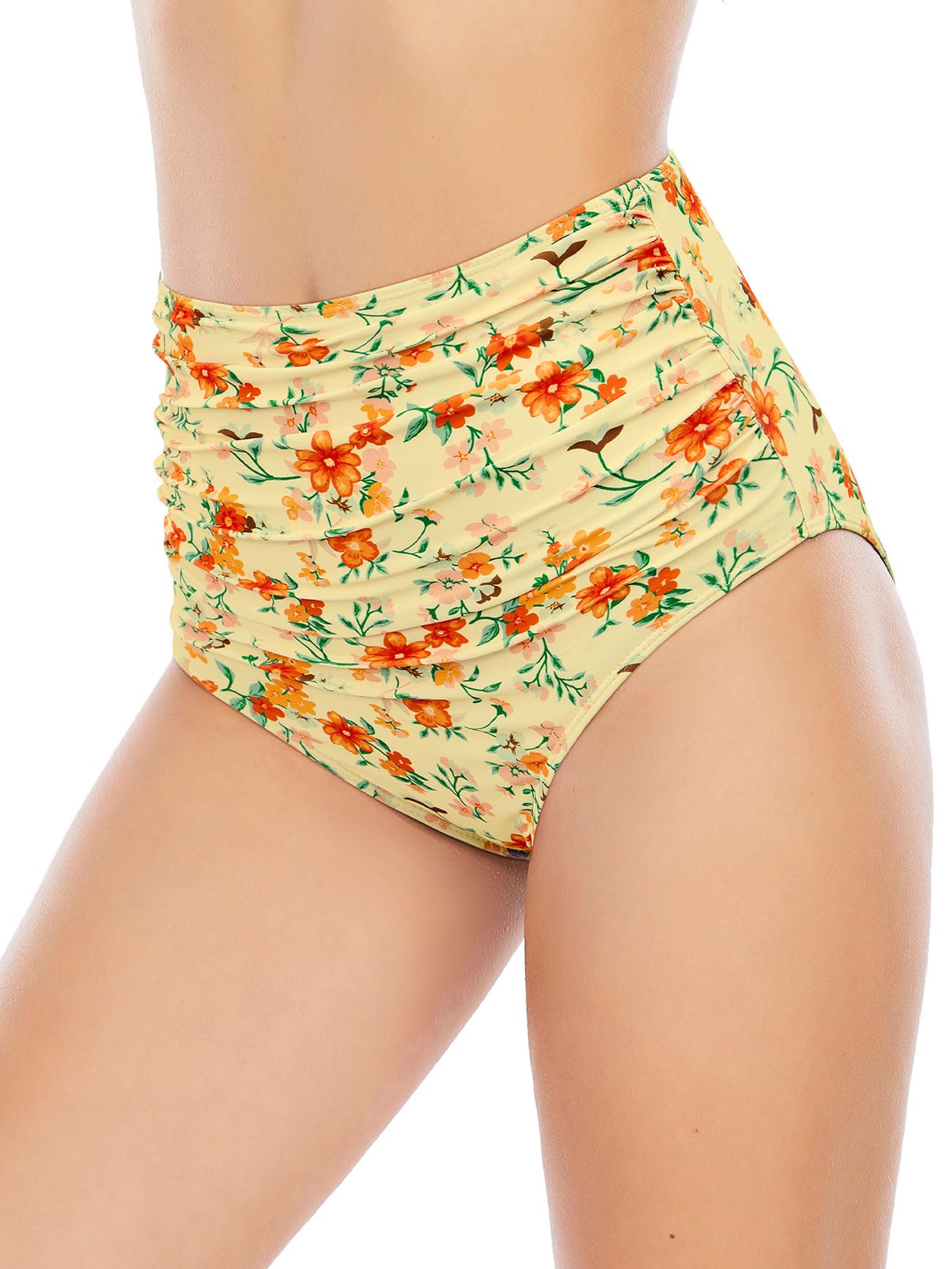 American Trends Parte inferior de bikini de cintura alta fruncida con control de abdomen, parte inferior de traje de baño sexy para mujer