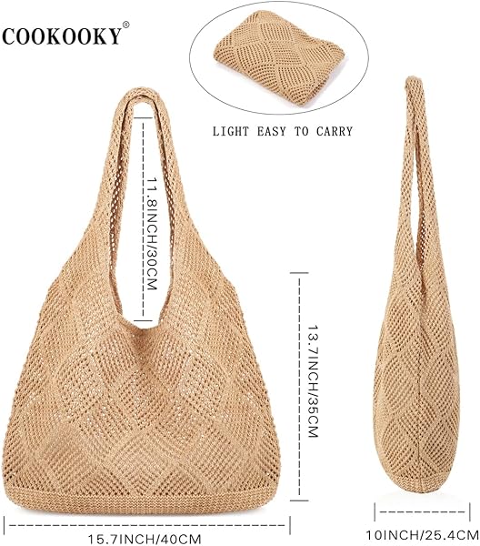 COOKOOKY Crochet Beach Tote bag Summer Beach Bag for Women Aesthetic Mesh Tote Bag Hippie Bag Knit Bag - 4