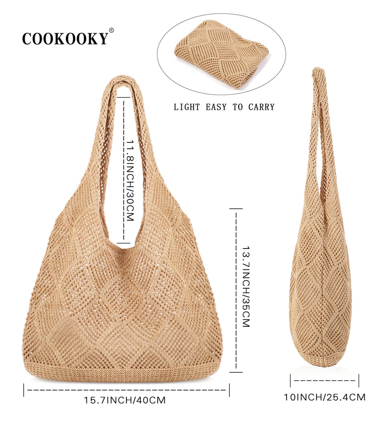 COOKOOKY Crochet Beach Tote bag Summer Beach Bag for Women Aesthetic Mesh Tote Bag Hippie Bag Knit Bag — view 4