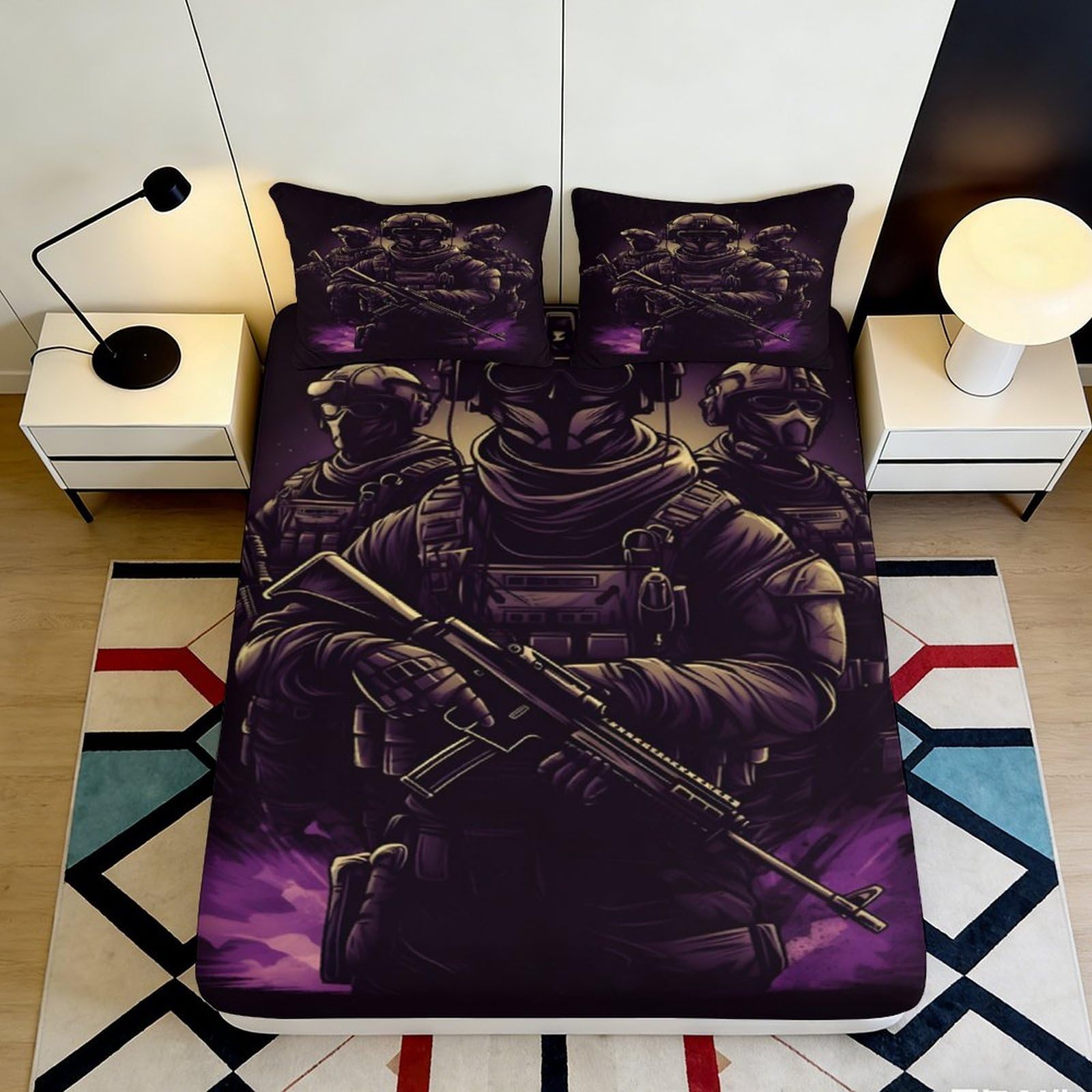 Dhbaneiok Style-6 3D Printed Tactical Soldier Fitted Sheet Microfiber Black Purple Camouflage Bed Cover For Bedroom Dorm Easy Care 90X200x25cm