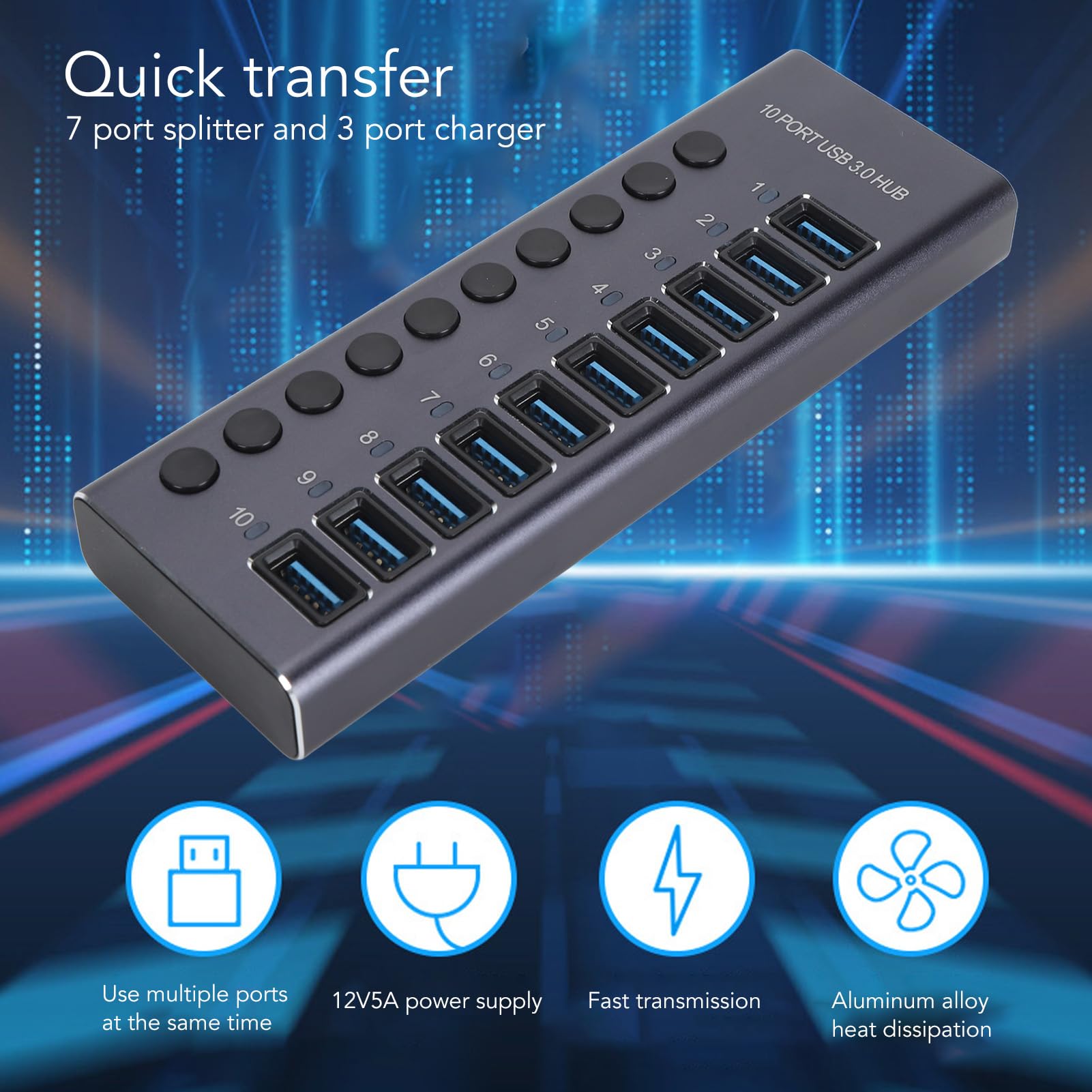 LICAEVEY Hub Dati USB 3.0, Splitter USB a 10 Porte (Spina europea) | Interruttori individuali, alimentatore da 60 W per console di gioco per PC desktop portatile