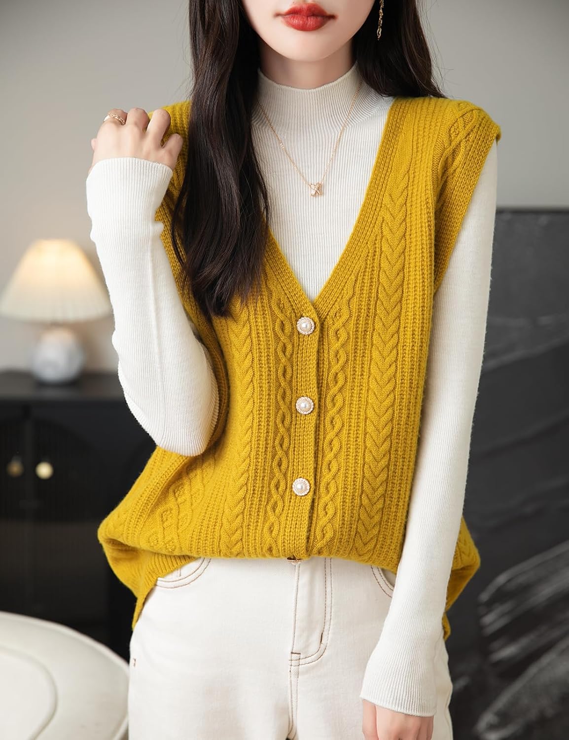 Chanyarn Women's 100% Merino Wool Sweater Vest 2025 Fall Winter V Neck Button Down Sleeveless Cable Knit Sweater Vest - Image 5