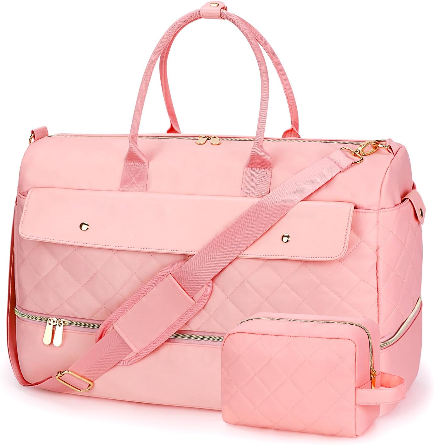 Wedama Travel Duffel Bag, Large Weekender Bag for Women with Shoe Compartment, Carry on Overnight Bag with Toiletry Makeup Bag, Gym Duffel Bag Travel Tote Bag for Travel Gym Camping Hospital, Pink