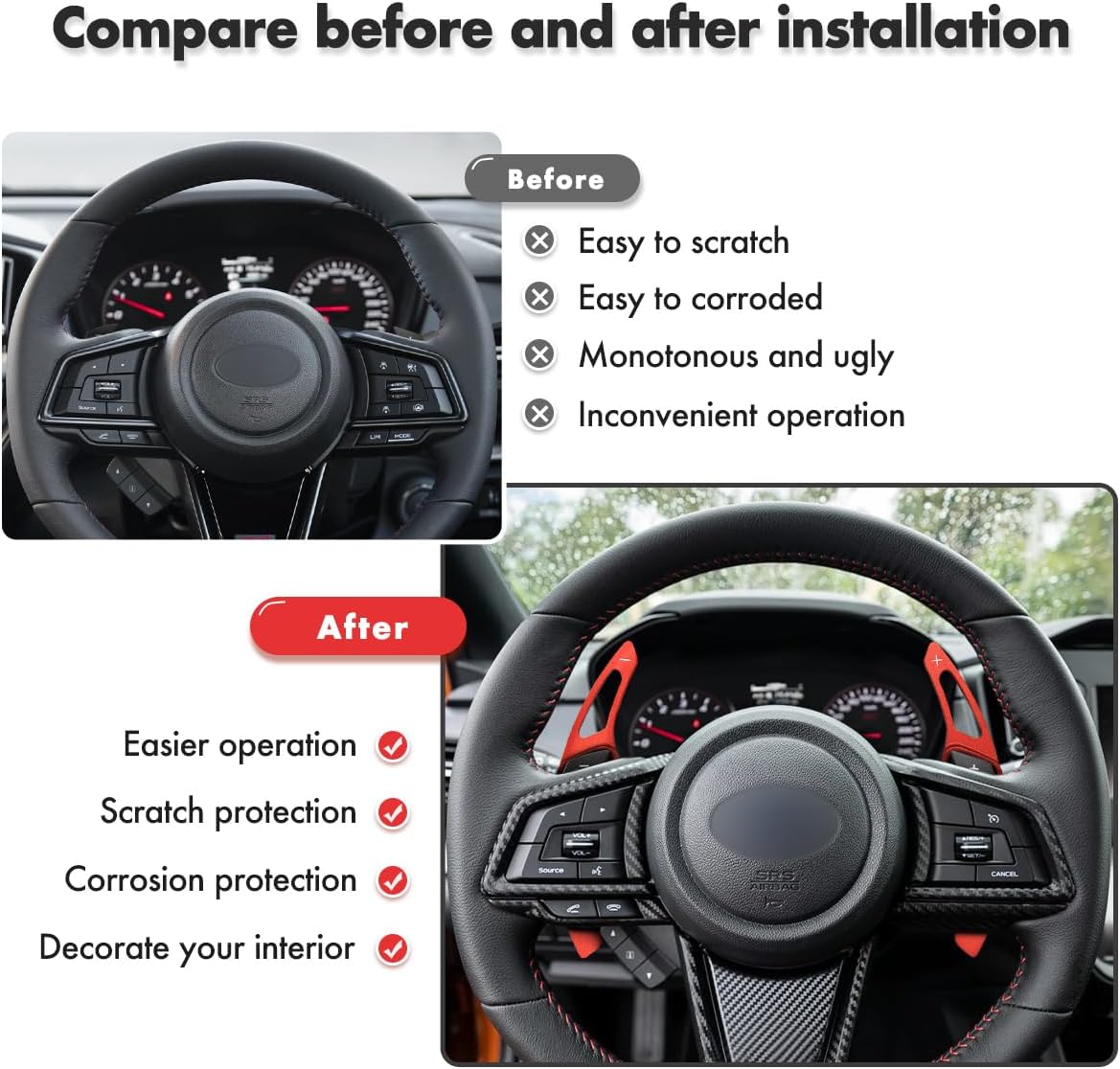 MEWANT Steering Wheel Shift Paddle Extended Shifter Trim Cover for Subaru Forester Outback XV Crosstrek Impreza Legacy Ascent WRX BRZ Scion FR-S GT86(Red 2PCS)