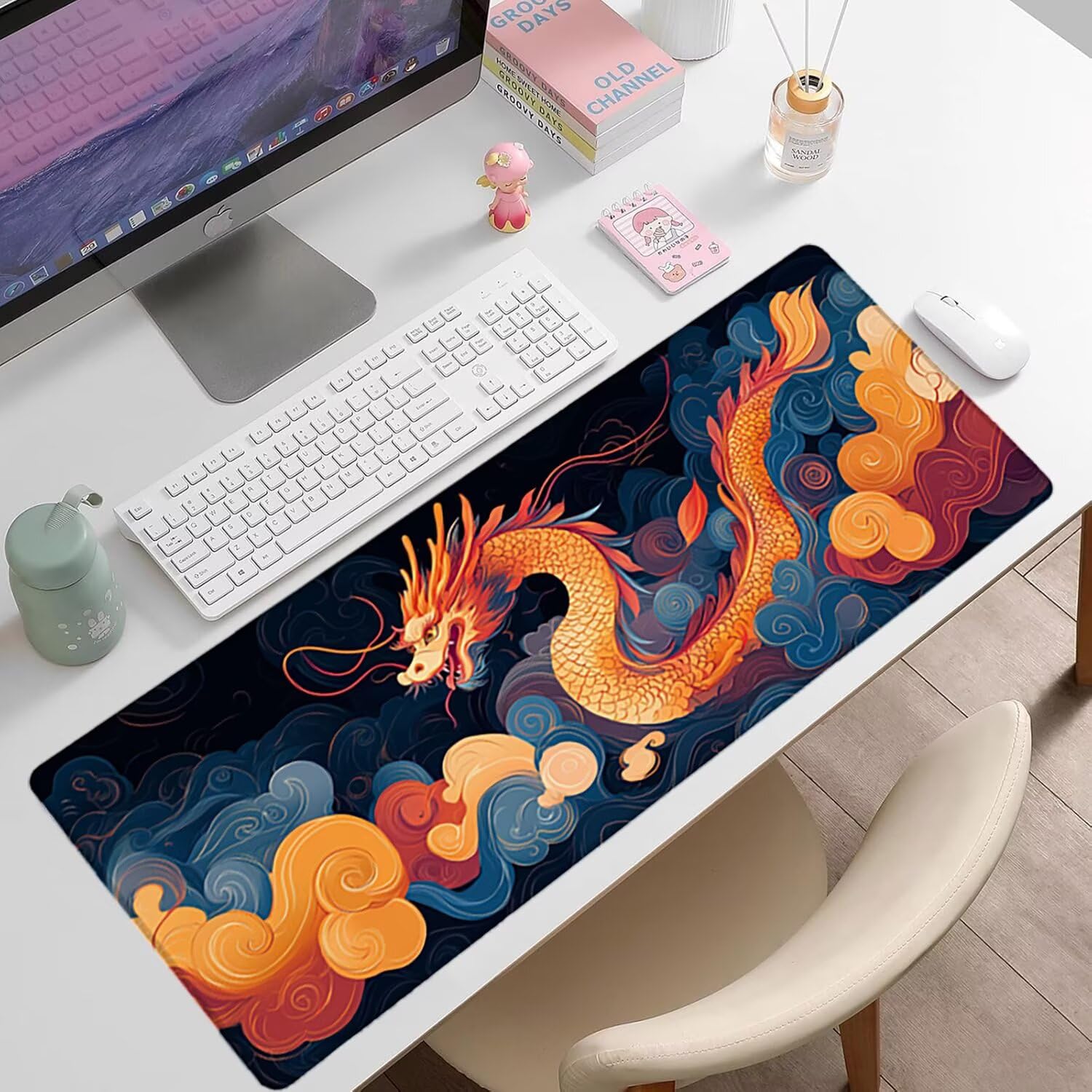 Podkładka pod mysz do gier XXL - 1600x800x3mm - Smok duża antypoślizgowa podkładka pod klawiaturę biurową z przeszytymi krawędziami, czarna duża podkładka pod mysz do gier do biura i domu, poprawia