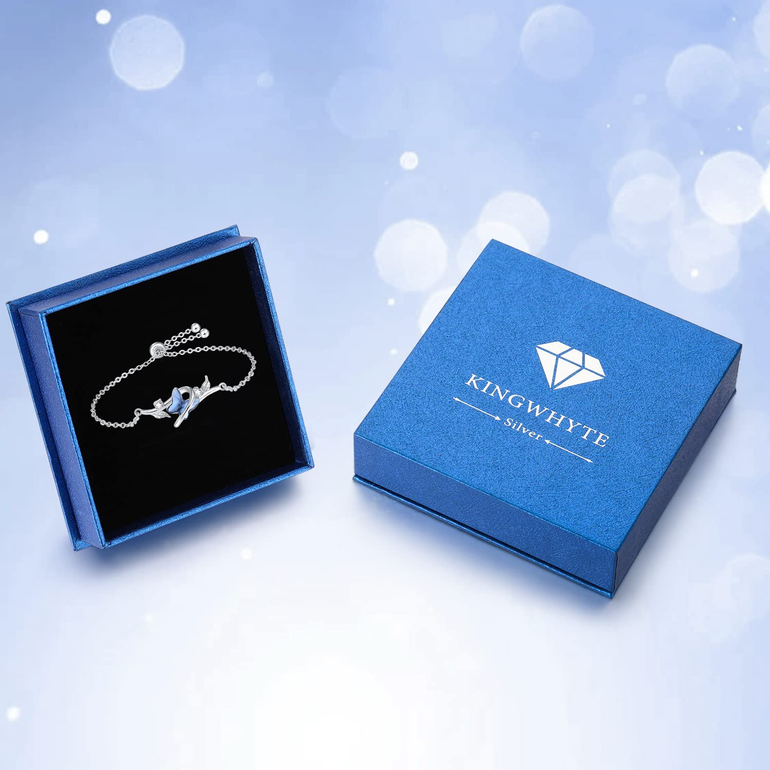 KINGWHYTE Pulsera de mariposa de plata de ley 925 con cristales azules, ajustable, para aniversario, cumpleaños, Navidad, regalo para mujer, 7 inch, Plata de ley
