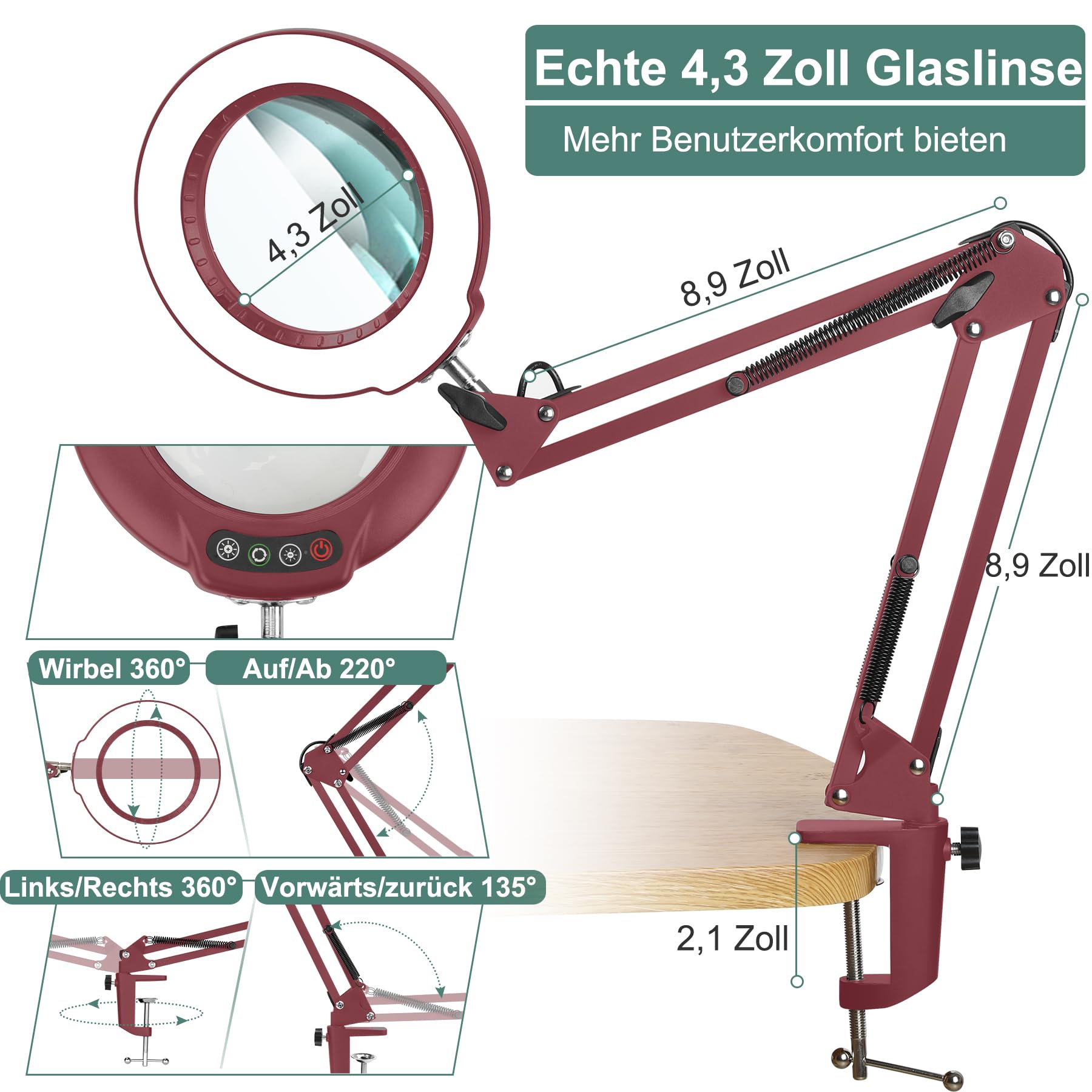 Veemagni Lot de 10 loupes en verre véritable avec lumière, 5 modes de couleur, intensité variable en continu, bras pivotant réglable, lampe loupe éclairée LED avec pince, loupe mains libres, avec