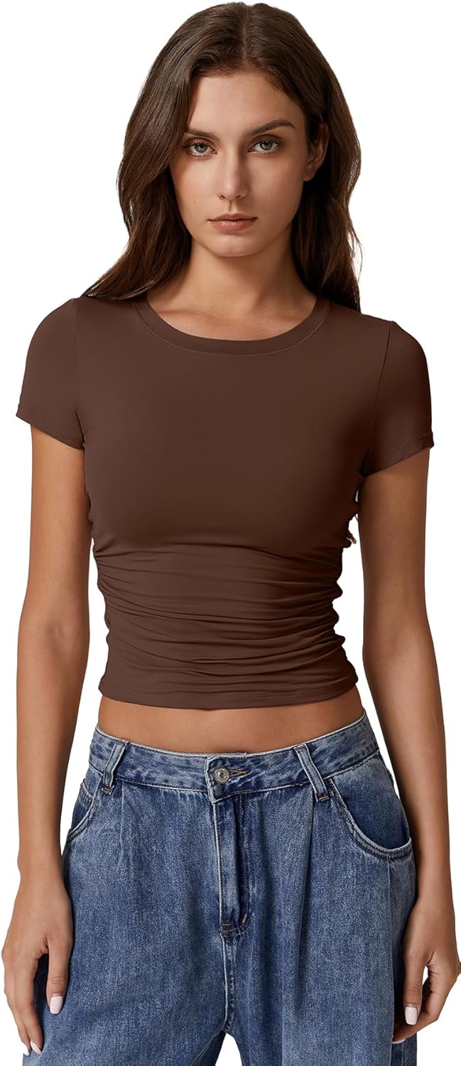 QINSEN Short Sleeve Shirts for Women Round Neck Basic Double Lined Tees Fitted Y2k Crop Tops - Image 4