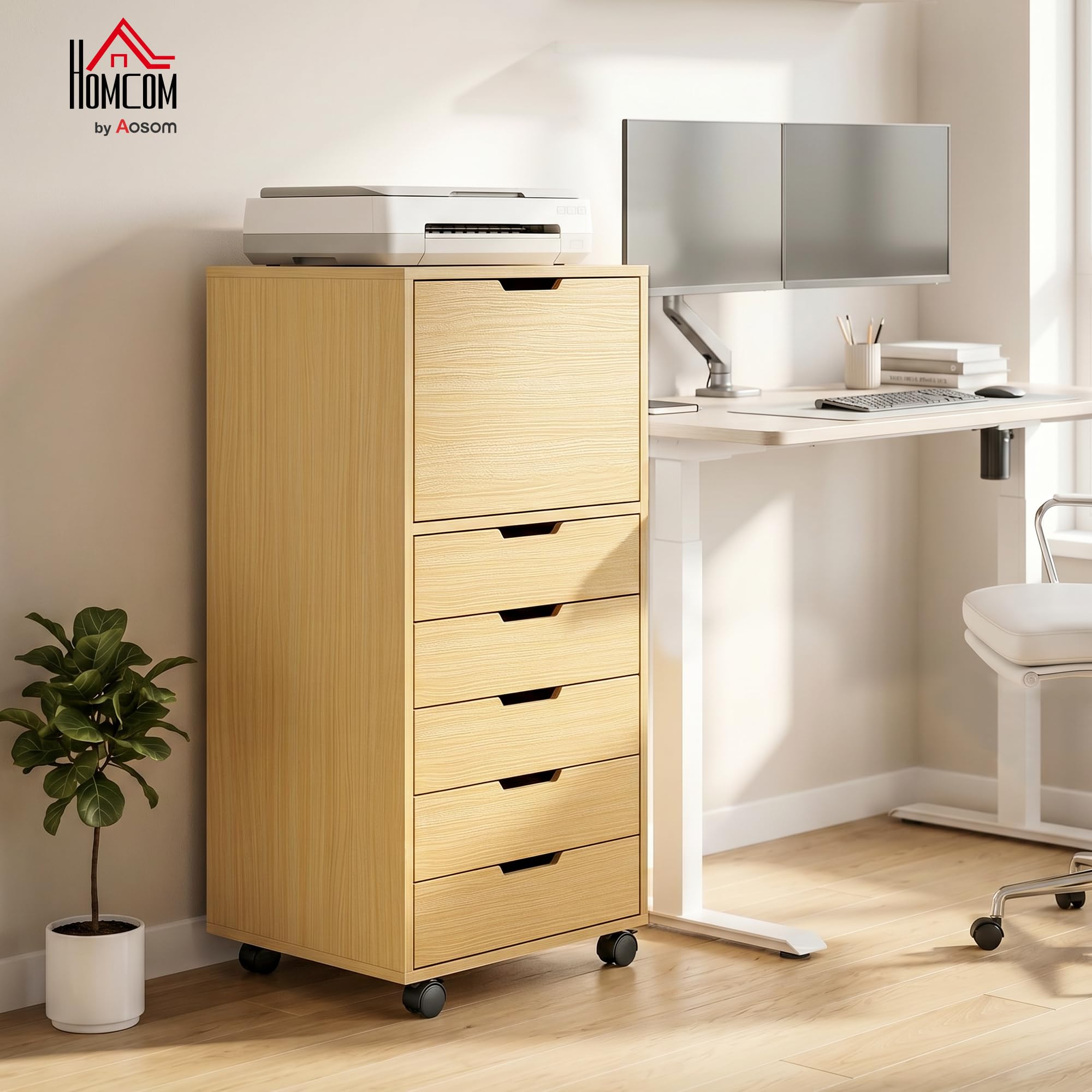 HOMCOM Schreibtisch mit 5 Schubladen auf Rollen und Schrank Natur | Büro-Schubladeneinheit, Soft-Close, Druckerständer, Aktenschrank, für Home-Office