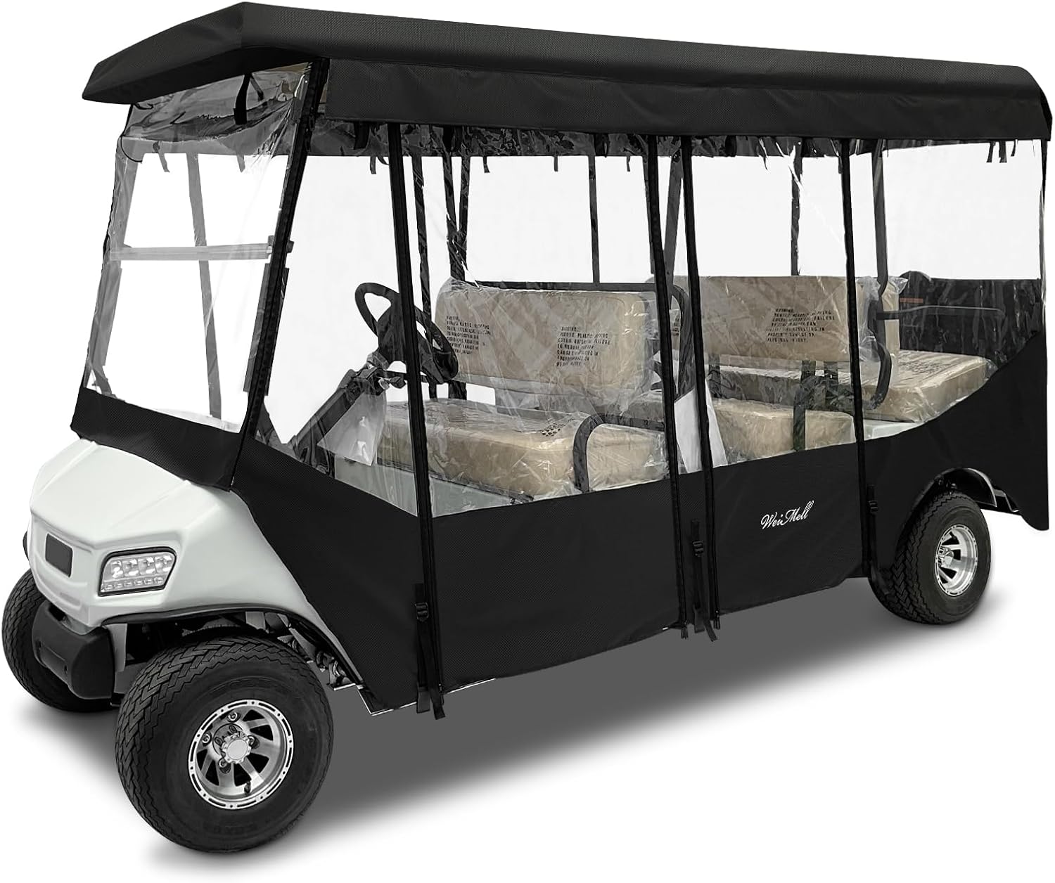 Golf Cart Enclosure 6 Passenger for Club Car Villager 6 Seater Driving Rain Covers 4-Sided Clear Windows Roll-up Door 600D Waterproof Windproof Covers Black