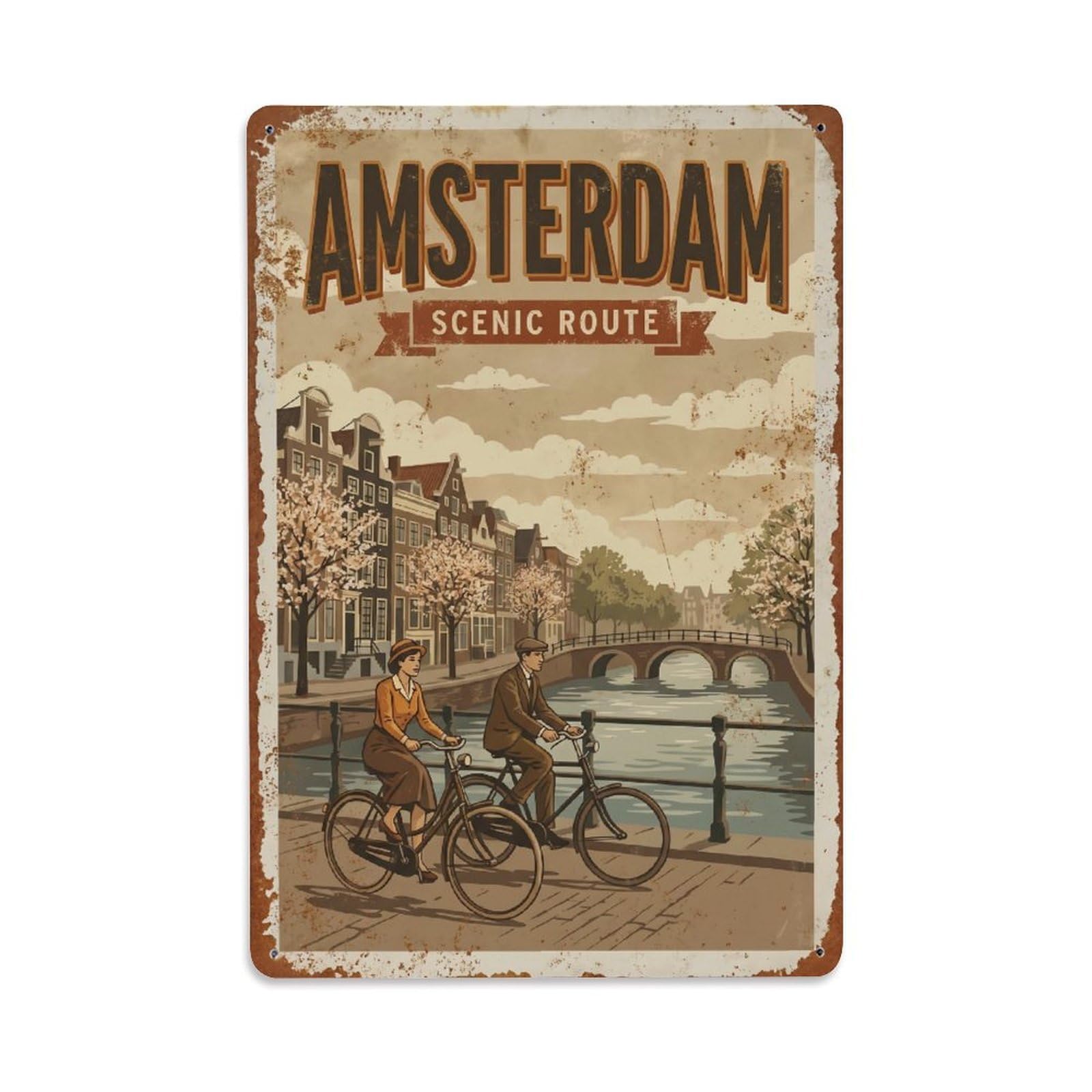Okngb Style Canal Towpath Waterfront Amsterdam Retro Travel Quay Metal Tin Sign Plaque Wall Decor For Cafe, Man Cave, Club Bar, Office, Home Garden Round Metal Poster 8X12inch