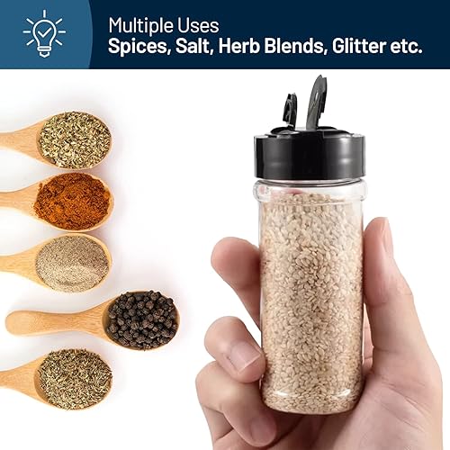 Miniatura 4 de RoyalHouse Paquete de 12 tarros de plástico para especias de 5.5 onzas con tapa negra, recipientes de plástico transparente y seguros con tapas