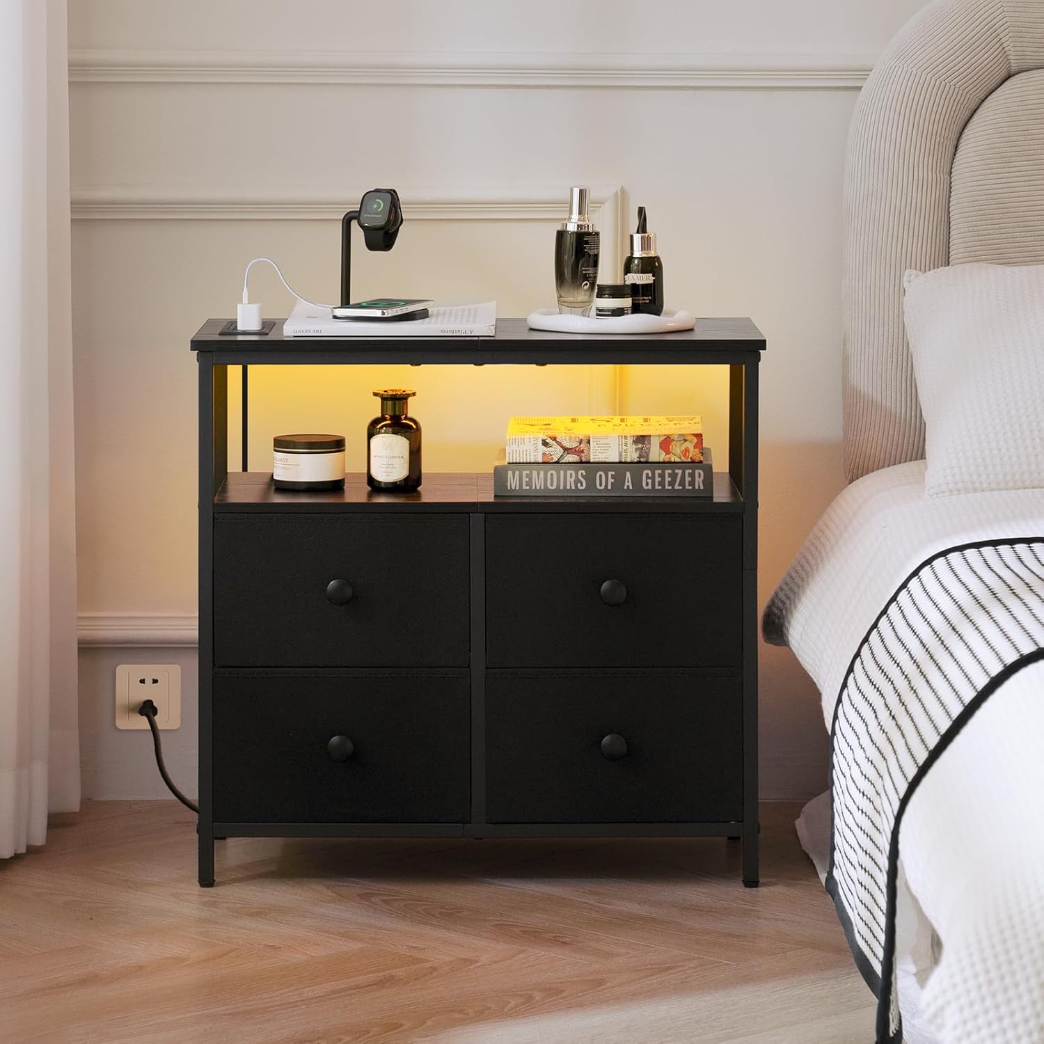 Yoobure Night Stand with Charge Station, Nightstand with 4 Drawers Bedside Table, LED Dresser with Storage Shelf, Night Stands for Bedroom, Side Table 3-Tier Wood End Table for Home, Office Black