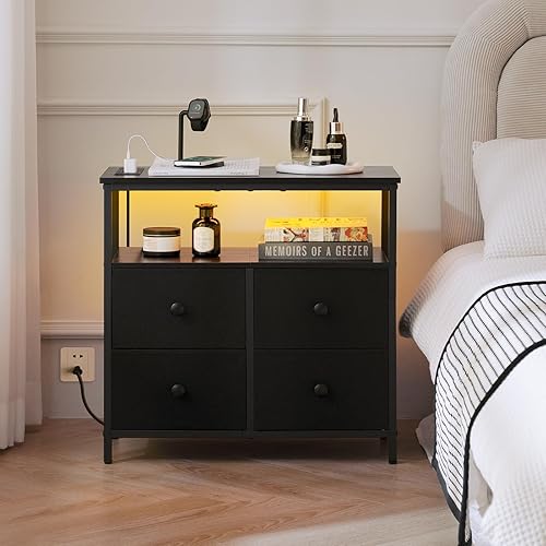 Miniatura 8 de Yoobure Mesita de noche con estación de carga, mesita de noche con 4 cajones, cómoda LED con estante de almacenamiento, mesitas de noche para