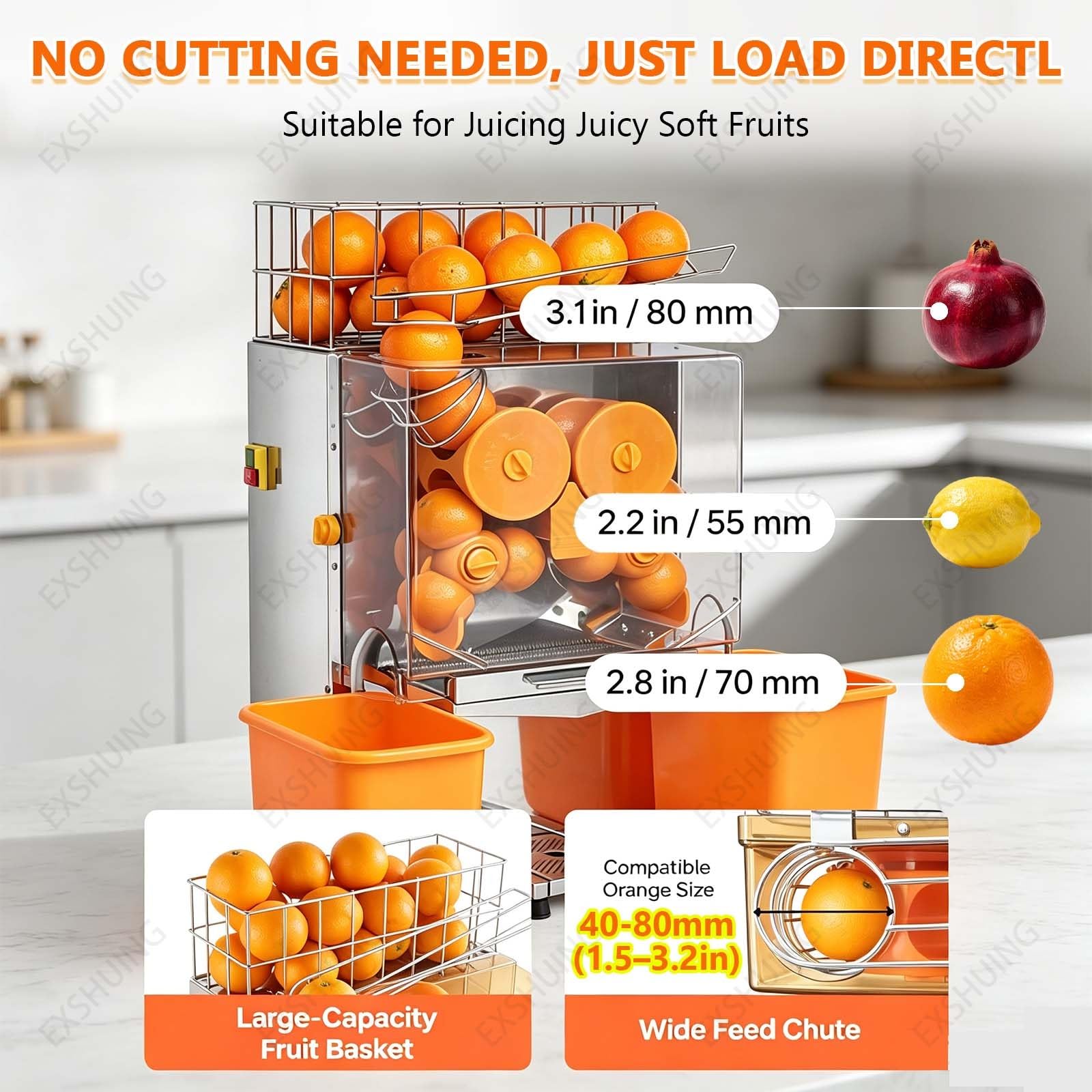 Exprimidor Automático Comercial De Frutas Y Cítricos, Eléctrico, De Acero Inoxidable, Con Un Rendimiento Del 40-50%, Capaz De Extraer 30 Naranjas Por Minuto