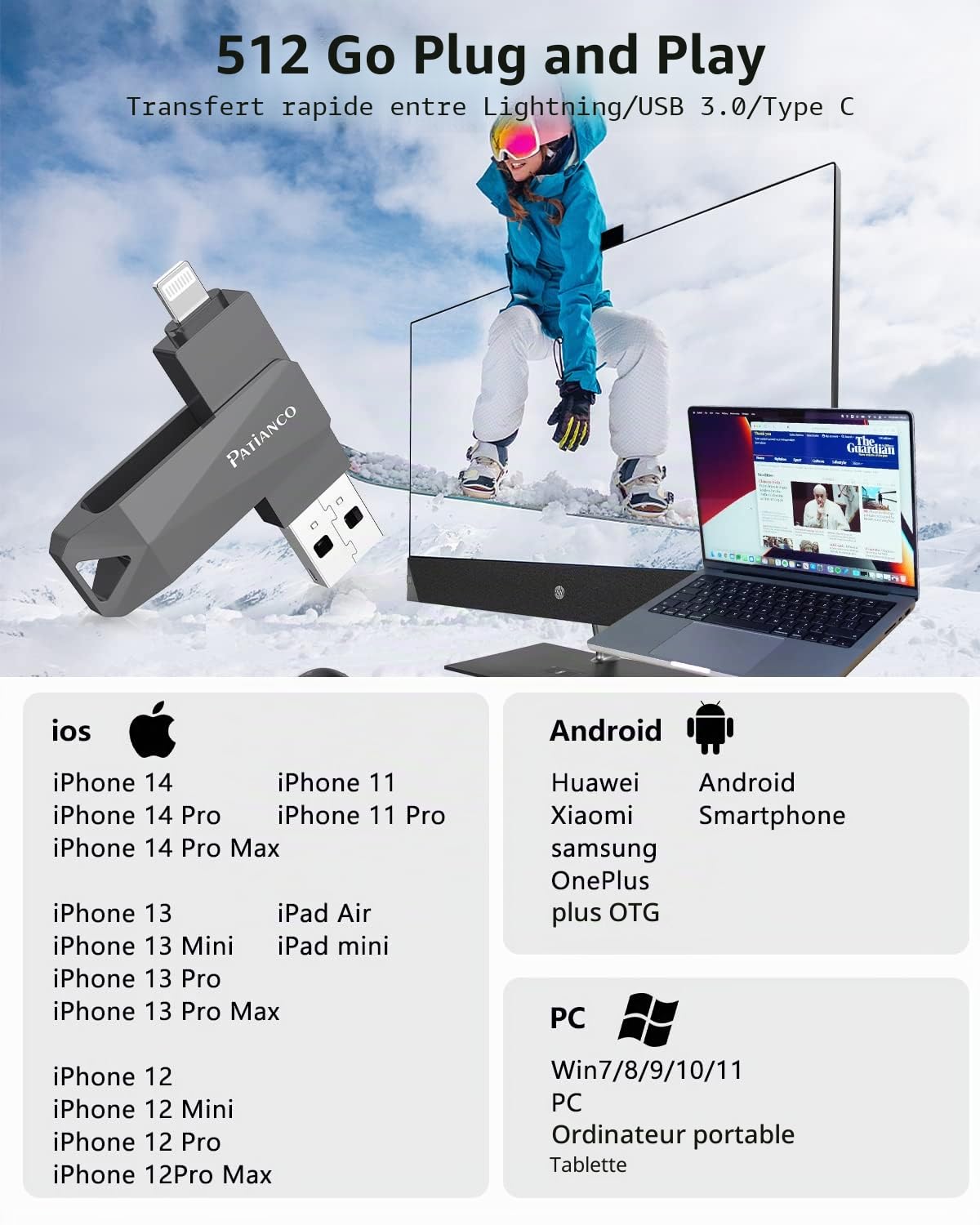 Clé USB pour iPhone 512Go [Certifié MFI] Patianco Cle USB 3.0 iPhone iPad 3 en 1 Photostick Flah Drive Stockage pour iOS Mémoire Stick Pendrive pour OTG Android Tablette PC iOS Mac(Noir,512Go)