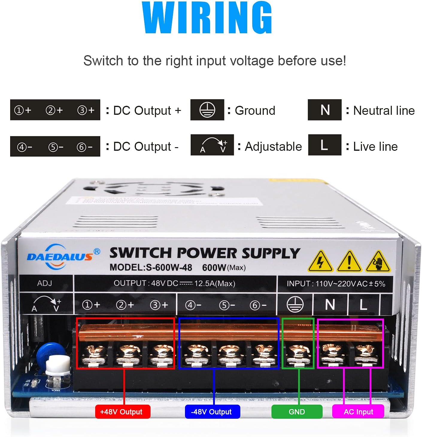 Daedalus 48V DC Switching Power Supply AC to DC Power Converter, 600W, 12.5A