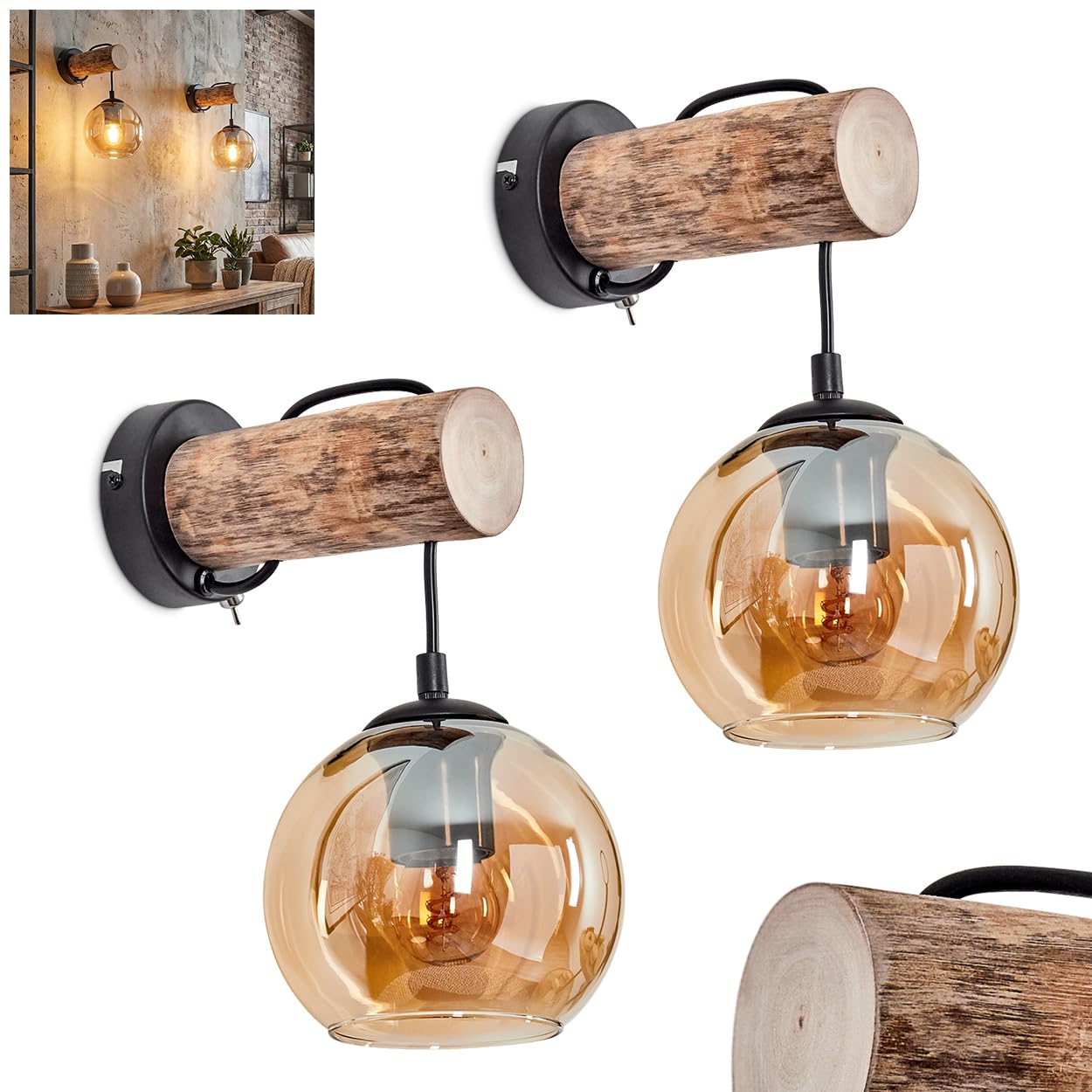 HOFSTEIN Wandleuchte Koyoto 2er Set, Wandlampe aus Metall/Holz/Glas in Schwarz/Natur/Bernstein, Leuchte im Retro/Vintage-Design (Ø 15 cm), Schalter am Gehäuse, E27, Wohnzimmer, Schlafzimmer, Flur