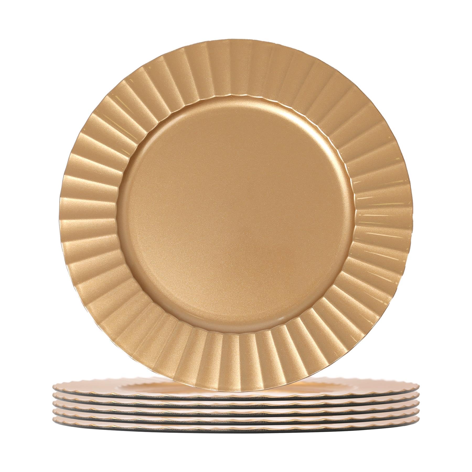 Argon Tableware Gold Charger Plates - 33cm - Dinner Set for 6 - Flute Design - Round Reusable Melamine Christmas Serving Dishes Large Dinnerware Christmas Plates Set for Party Celebrations, Weddings