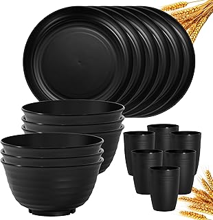 Klickpick Home 18 Pieces wheatstraw Dinnerware Set with 6 Each of Dinner Plates Cereal Salad Bowls Cups Unbreakable Modern Dinner Set for Microwave Dishwasher Safe Reusable Black