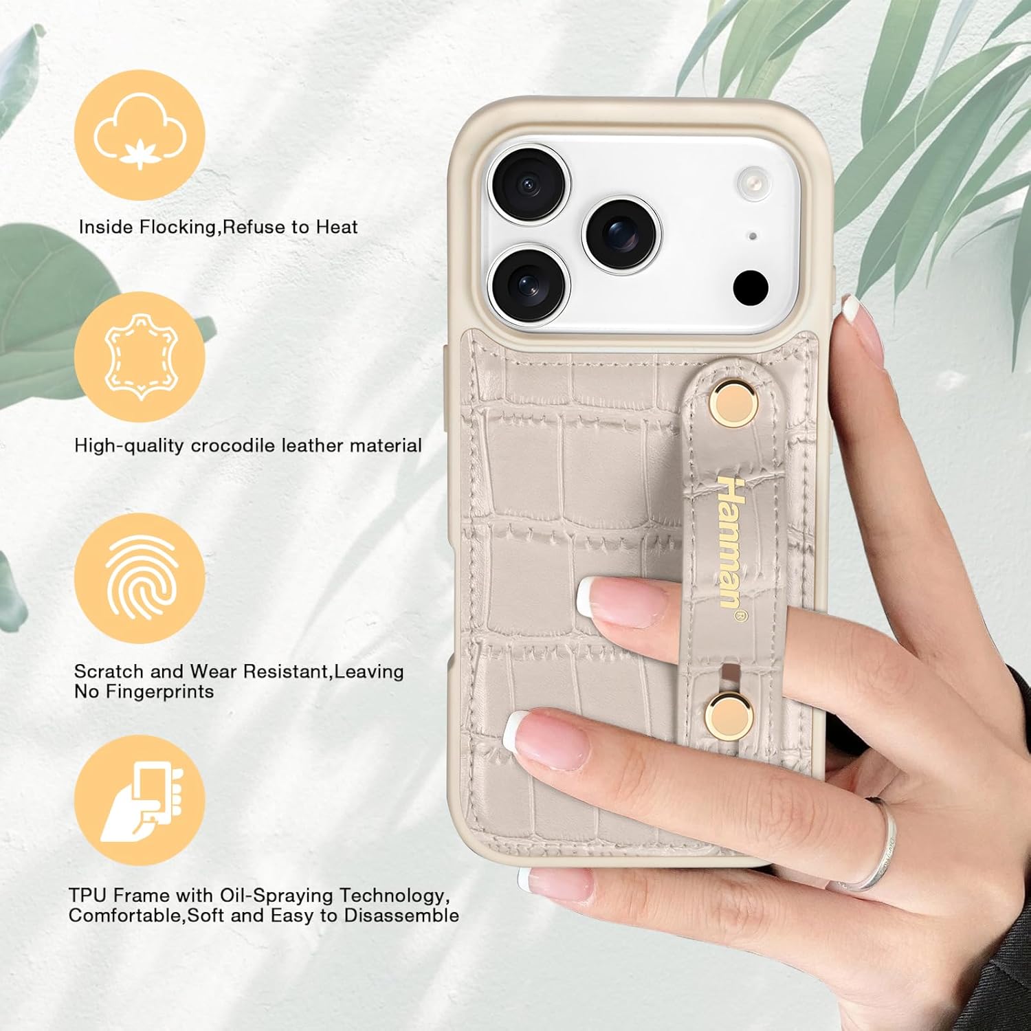 Hanman for iPhone 17 Pro Leather Case with Adjustable Wristband Strap Kickstand,Hand Strap Leather Case for iPhone 17 Pro,Crocodile Pattern HandStrap Kickstand Cover-Beige - Image 3