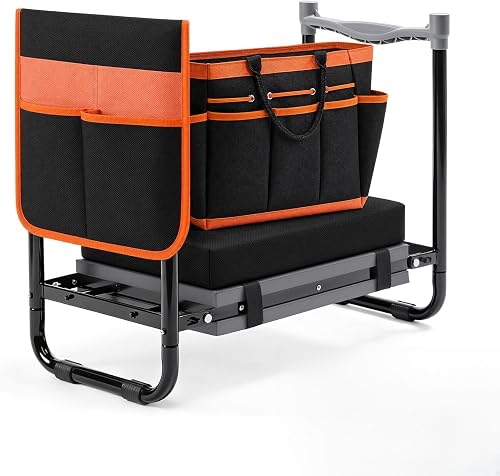 PASAMIC Garden Kneeler and Seat, Wider & Thicker 3.82" Extra-Thick Double Cushion Support, Foldable Heavy Duty Garden Stool Supports 350 lbs, Tool Pouches & Waist Pouch, Gardening Gift for Seniors