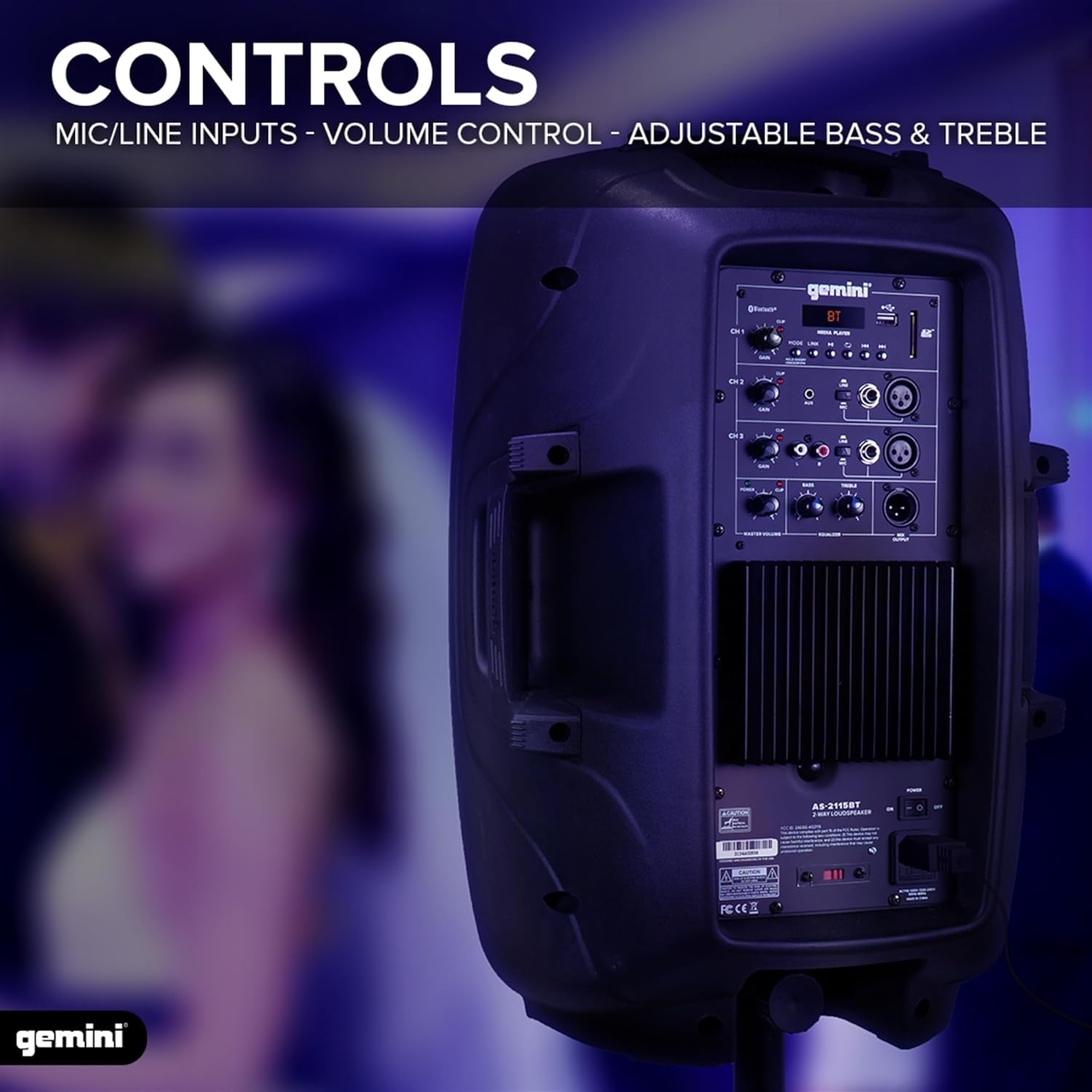 Gemini 15” 2000W Bluetooth PA Speaker with TWS Link, USB/SD/FM, XLR/RCA/AUX Inputs, Dual Mic & Guitar Inputs, EQ Control, Pro Sound System for DJs, Gigs, Events & Mobile Setups (AS-2115BT) - Image 4