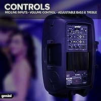 Vista 4 de Gemini Altavoz PA Bluetooth de 15" 2000W con enlace TWS, USB/SD/FM, entradas XLR/RCA/AUX, entradas de micrófono doble y guitarra, control EQ