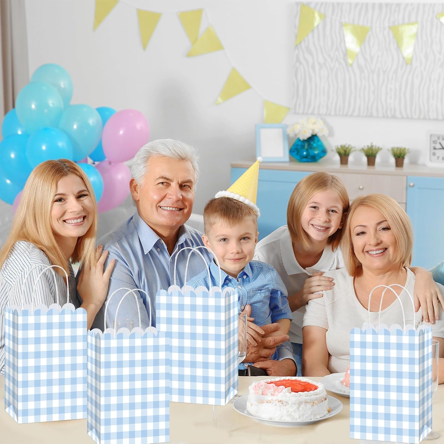 Yiaoyinnz 12 Pcs Blue Gingham Party Supplies Blue and White Plaid Party Favor Bags with Handles Light Checkered Treat Candy Goodie Bags for Wedding Birthday Baby Shower Picnic Favors - Image 7