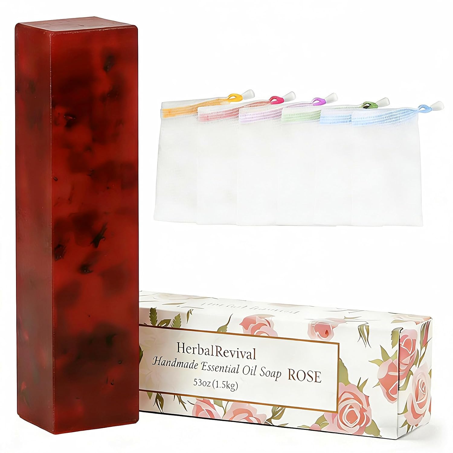 HerbalRevival Natural Soap Bar with Plant-Based Premium Rose Essential Oil - 53oz + 6 Lather Nets | Shea Butter & Olive Oil Moisturizing Cleansing Aromatherapy for Men & Women Face/Hair/Body Shower