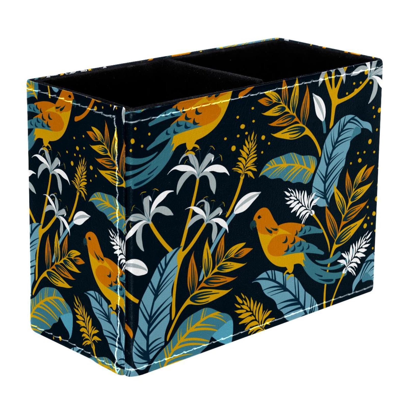VAPOKF Birds Nature Design Pen Holder for Desk, 2 Compartments Pen Pot Pencil Holders Makeup Brushes Storage Desktop Stationary Supplies Organiser for Home Office
