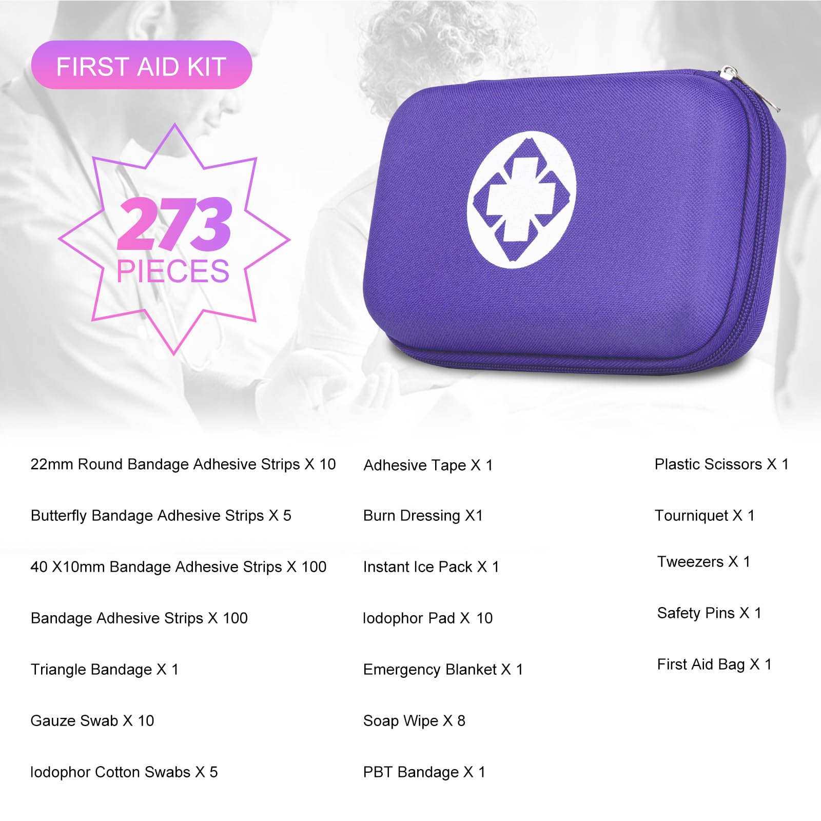 Kit de primeros auxilios de supervivencia para el hogar, kit de emergencia, color morado, 273 piezas, suministros de viaje, set de primeros auxilios, artículos esenciales para el hogar, camping