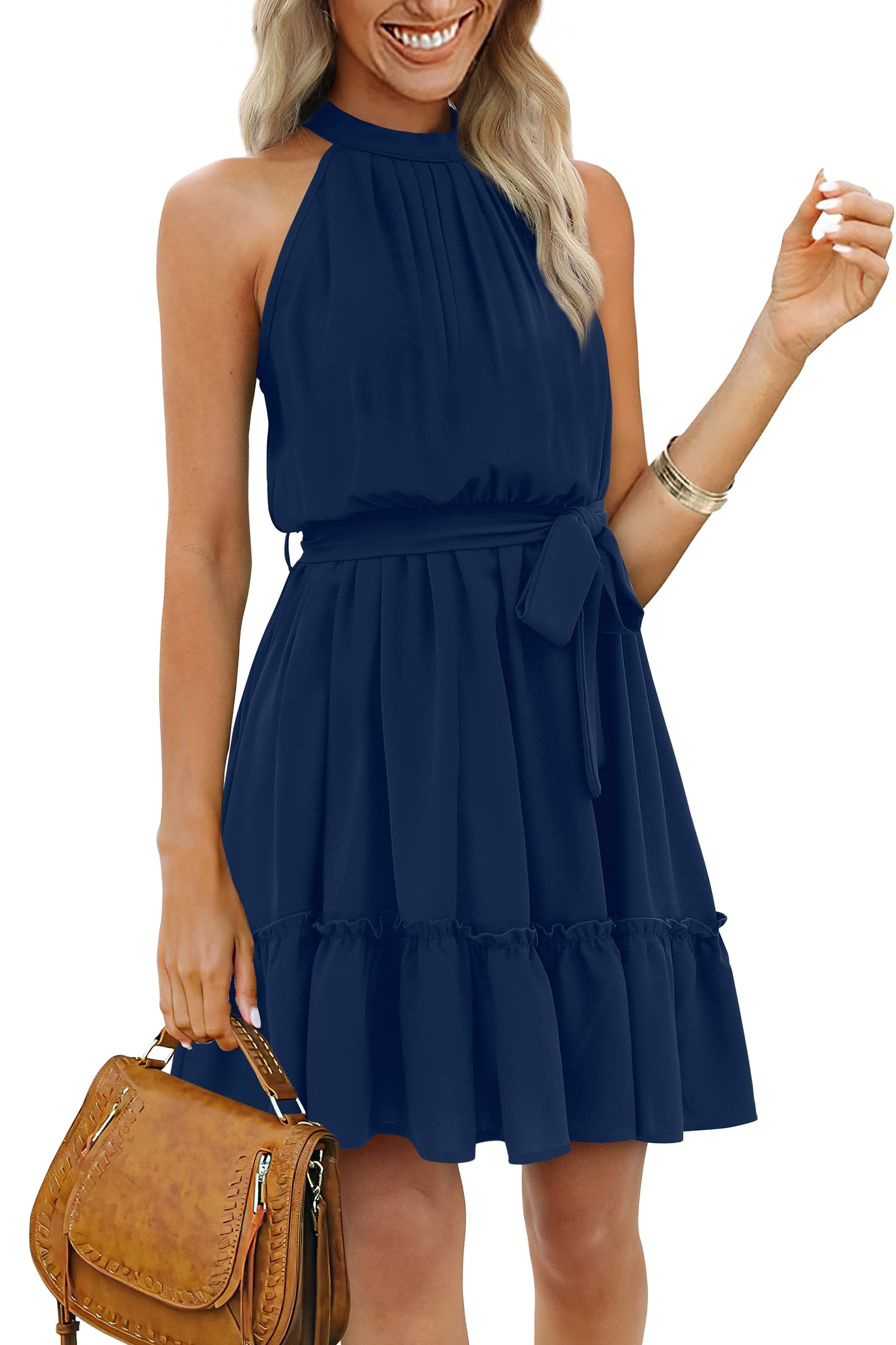 Womens Summer Dresses Halter Neck Pleated Front Tie Waist Backless Ruffle Sun Dress