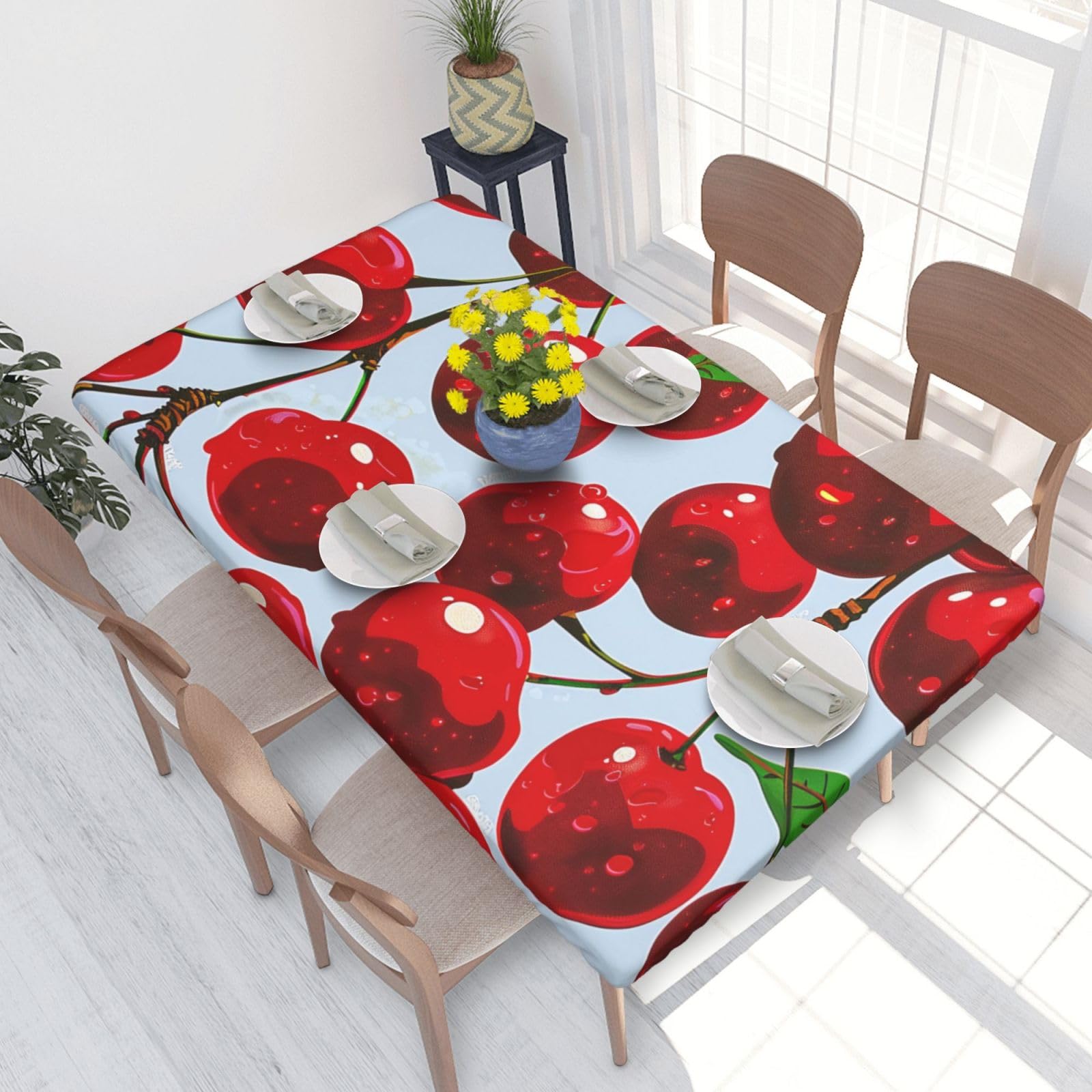 WPKJU Red Cherries Printed Tablecloths 4ft Rectangular Table Covers Washable Polyester Decorative Table Cloth for Dining Table Picnic Wedding