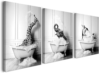 Alptiny Lustige Wandbilder Badezimmer 3er Set 30×40 cm – Schwarz Weiß Tiermotive in Badewanne, WC Bilder für Gäste WC, Badezimmer Deko Wandbild