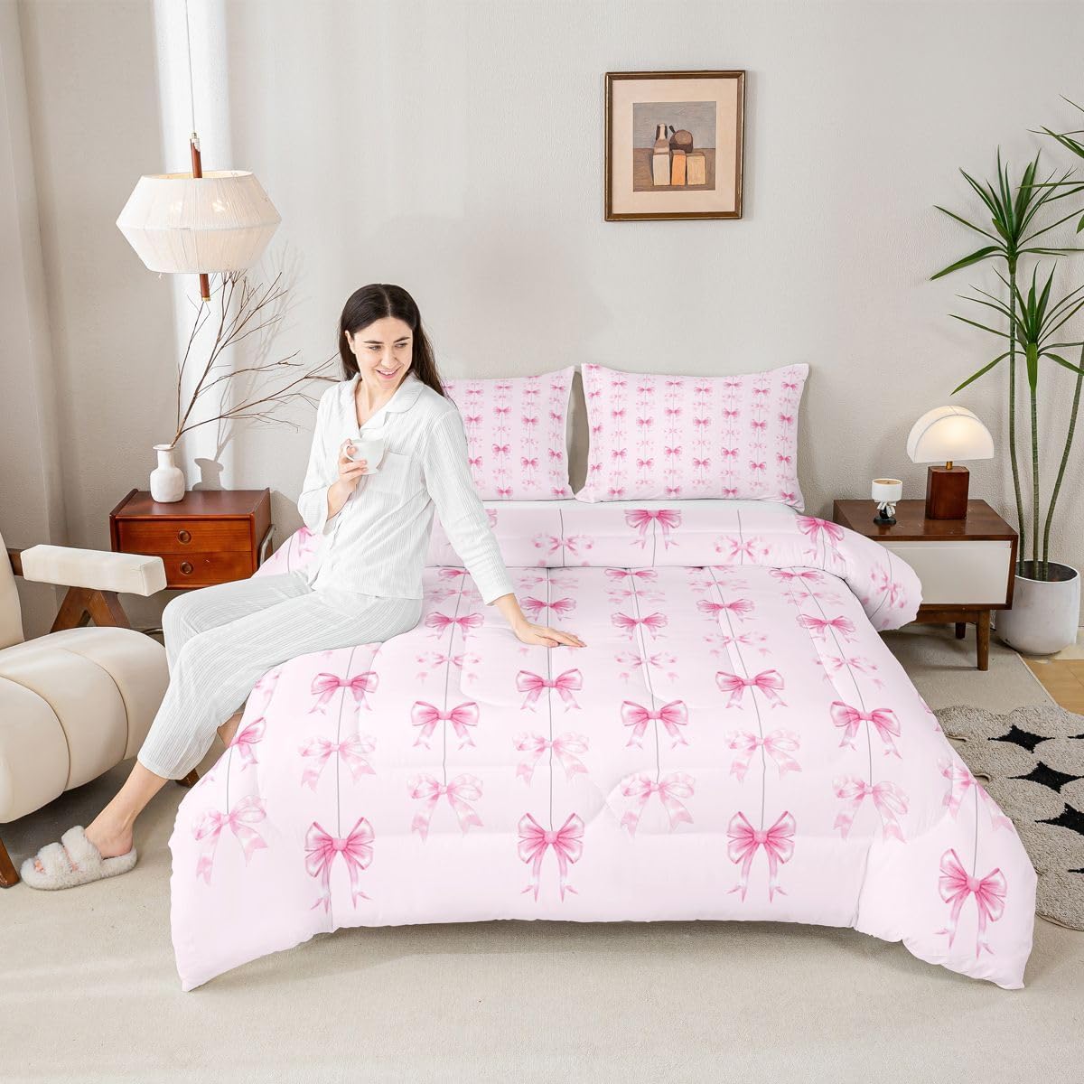 Erosebridal Girls Pink Bow Tie Twin Comforter Set | Cute Pink Bow Knot Bedding Sets for Kids Teen, Coquette Ribbon Bows Bed Set, Princess Bowtie Kawaii Room Decor, 1 Pillowcase