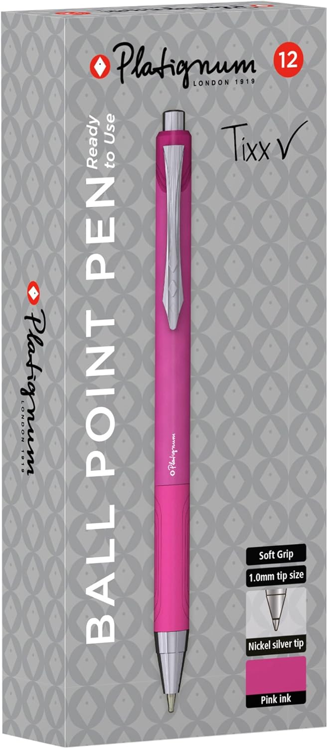 Tixx Pink Ballpoint Pen [Pack of 12] Soft Grip Barrel with Hybrid Gel Ink for Smudge-Free and Ultra-Smooth Writing [50490]
