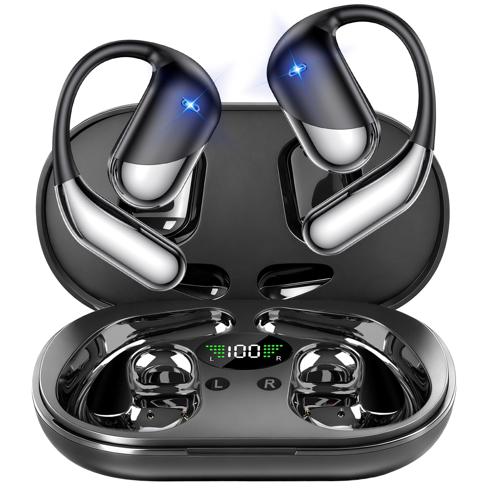 Aurotlu Open Ear Wireless Earbuds Headphones, Bluetooth 5.4, Built-in Mic, IPX7 Waterproof, LED Display Charging Case,Ear Hooks Clip Ear Buds，Design