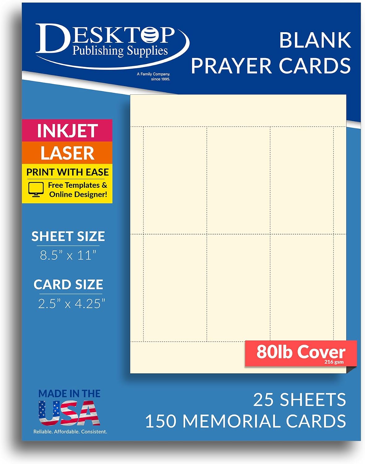 Printable Blank Memorial Cards for Funeral - 150 Prayer Cards (25 Sheets) - Thick 80lb Cover (Cream/Ivory Matte Finish) - For Inkjet & Laser Printers - Quality Keepsake for Celebration of Life