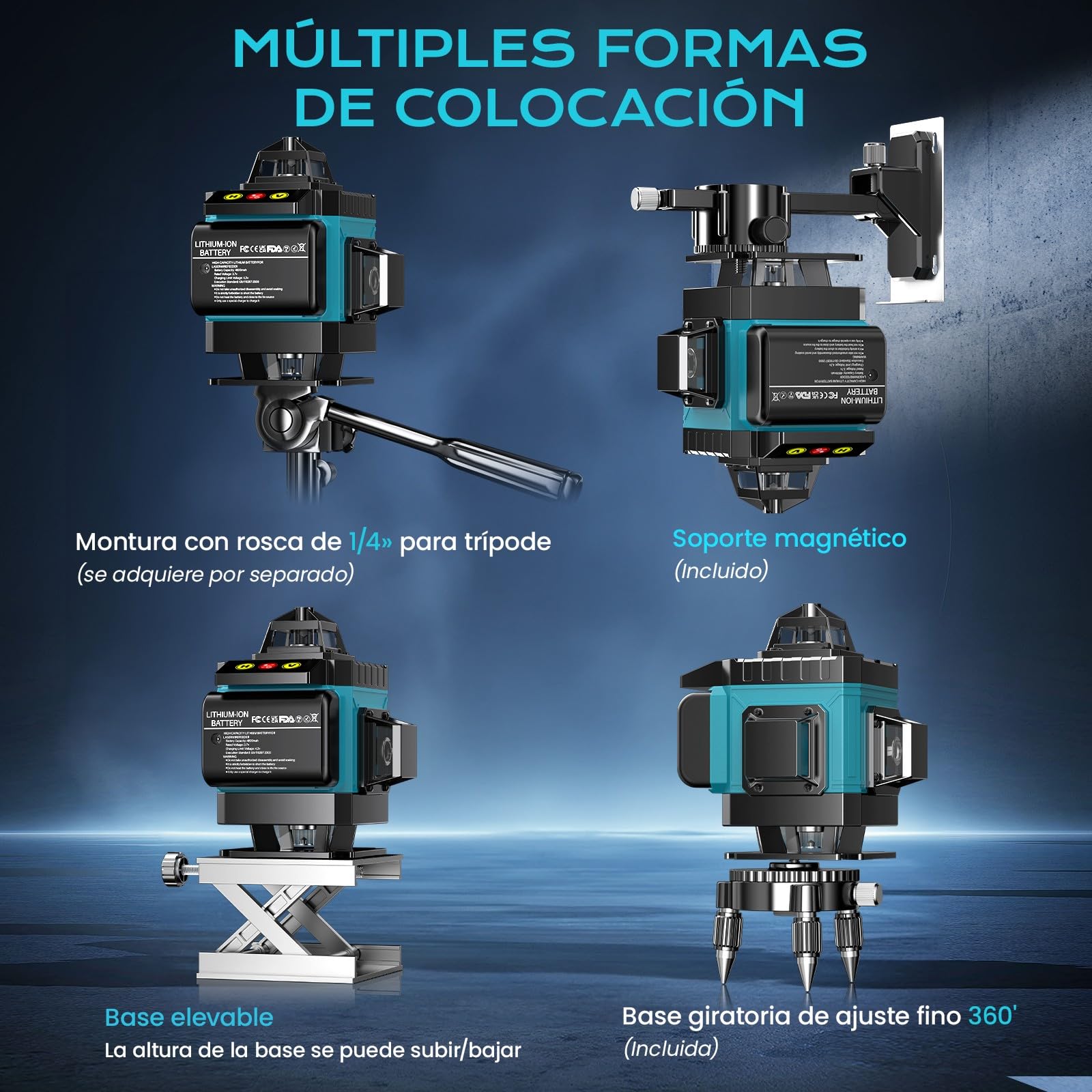 Nivel Laser Autonivelante 360 Grados, Nivel Láser Verde 16 Líneas, 2 x 360 Horizontal y 2 x 360 Verticales, 2 x Batería, Montaje en Pared, Control Remoto, Base Magnética, Soporte Giratorio