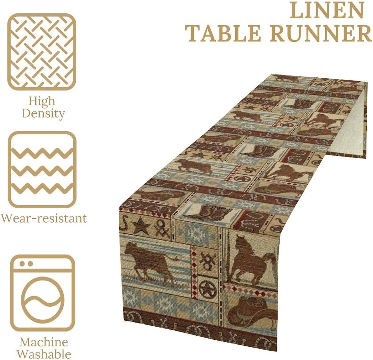 Vintage Country Style Table Runner, Retro Bronco Western Cowboy Cabin Farmhouse Cabin Table Decoration for Home Kitchen Dining Room, 13x120 Inch
