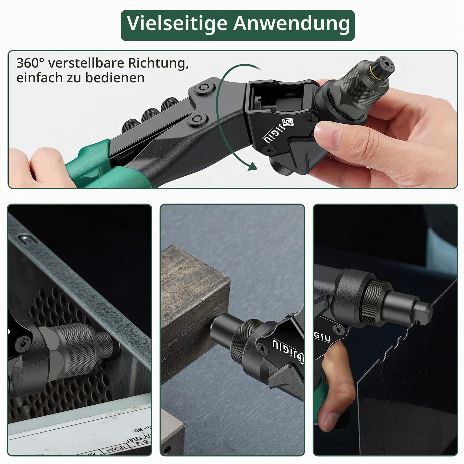 JiGiU 3 IN 1 Nietmutternzange Set, 360° Drehkopf, mit 40 Mutter & 40 Nieten