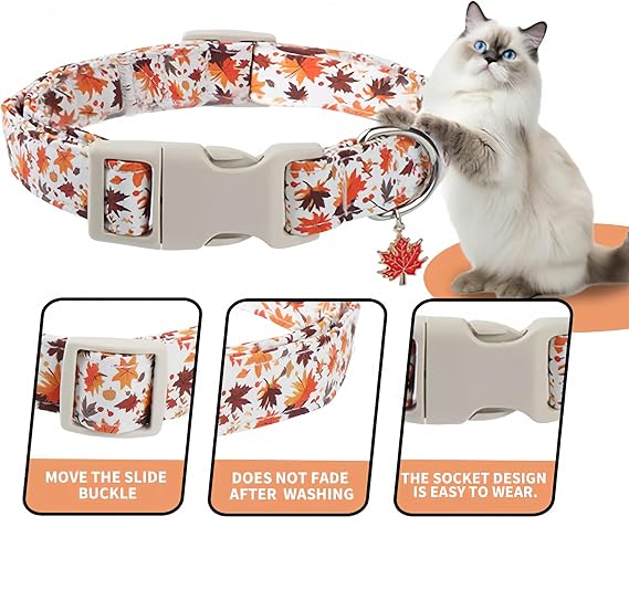 Adjustable Fall Dog Collar with Maple Leaf Charm - Durable Soft Fabric Collar for Small/Medium/Large Dogs, Perfect for Autumn Walks & Family Photos (Maple Leaves, XS)