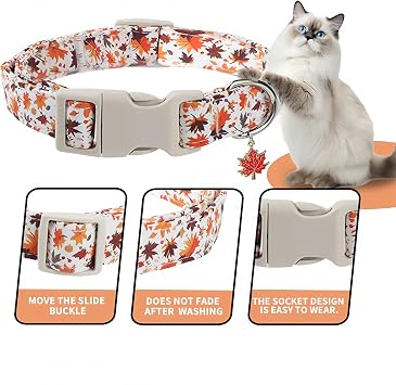 Adjustable Fall Dog Collar with Maple Leaf Charm - Durable Soft Fabric Collar for Small/Medium/Large Dogs, Perfect for Autumn Walks & Family Photos (Maple Leaves, XS)