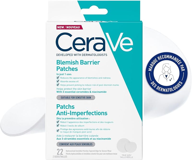 CeraVe - Patch Bouton Anti-Imperfections - Invisibles - Résultats En 3H - Réduit L'Excès De Sébum - Technologie Hydrocolloïde - Bord Fin, Meilleure Tenue - 2 Tailles (10 & 12mm) - Pimple Patch x22