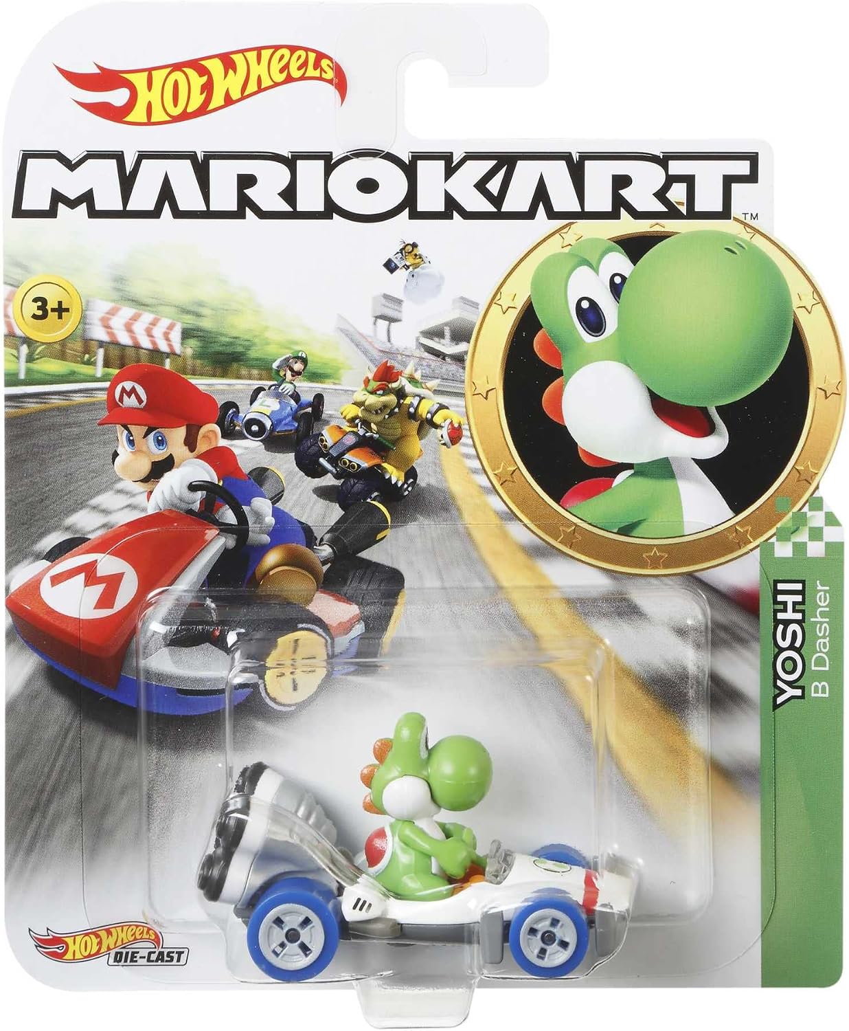 Hot Wheels Mario Kart Yoshi vehicle in its retail packaging