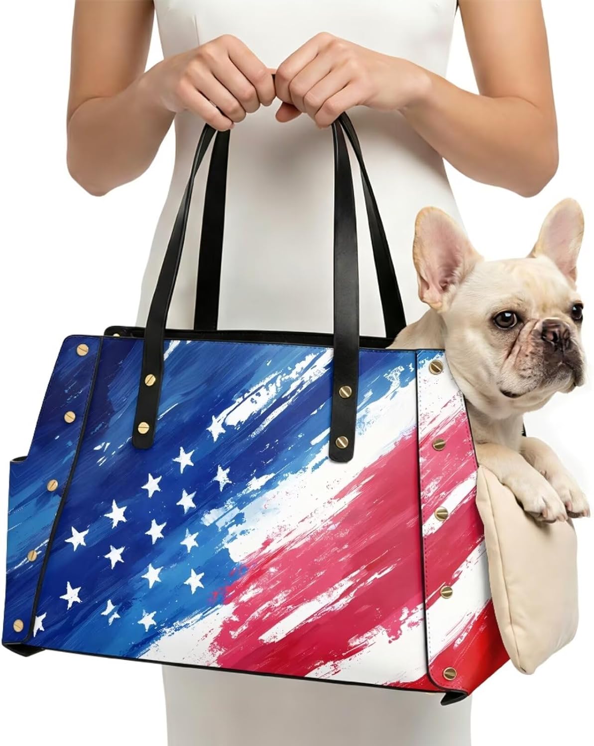 American Flag Leather Dog Carrier Purse Patriotic Pet Travel Bag with Soft Sided Ventilated Collapsible Waterproof 4th of July Cat Purse Carrier