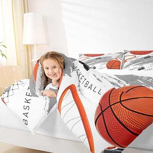 Miniatura 3 de Juego de edredón de baloncesto, tamaño matrimonial, juego de ropa de cama con estampado de baloncesto naranja, 3 piezas para niños, adolescentes,