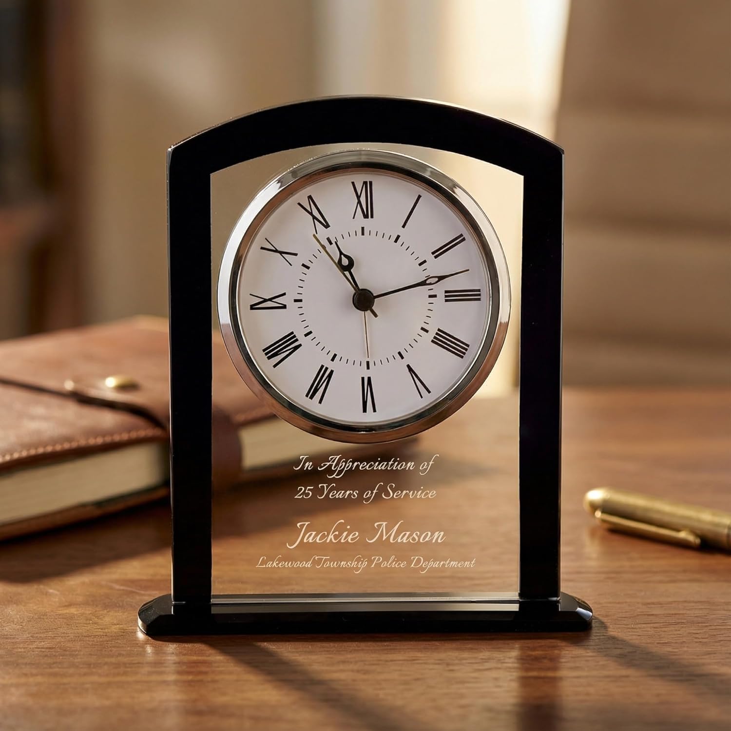Personalized 6 1/4" Black/Clear Square Arch Glass Clock, Custom Engraved Battery Operated Glass Desk Clock for Employee Appreciation, Recognition, Retirement Awards and More